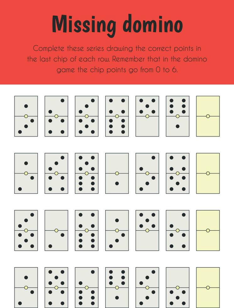 missend domino leerzaam vel. primair module voor logica redenering. 5-6 jaren oud. leerzaam lakens serie vector
