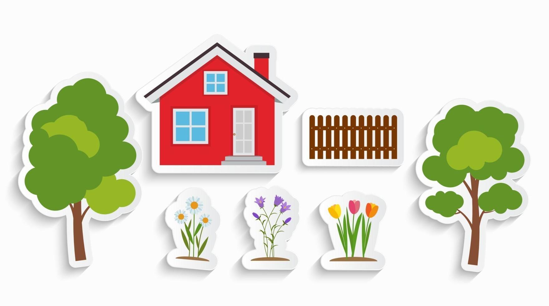 huis met bomen en bloemen kinderstickers voor kinderart vector