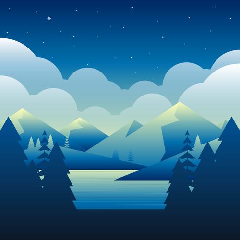 Nacht Over de berg naast de natuuromgevings Vectorillustratie van Lake vector