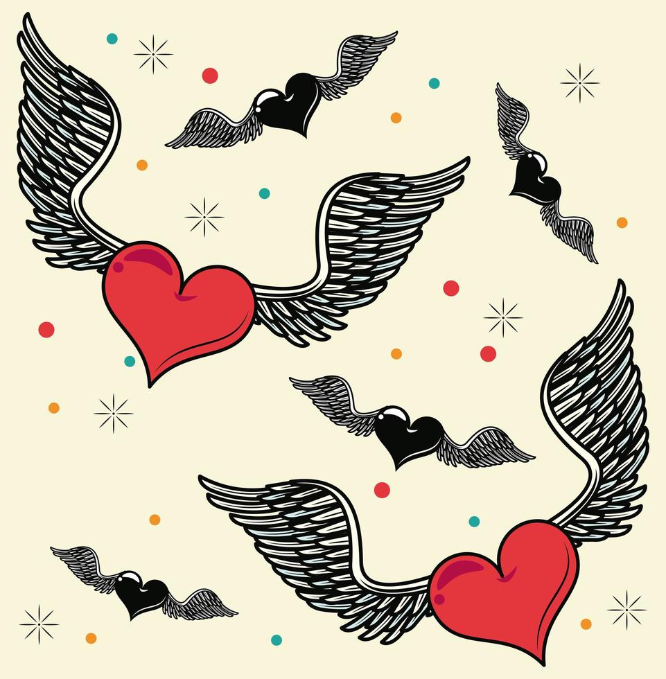 harten met vleugels die het patroon van de tatoegeringsstudio vliegen vector