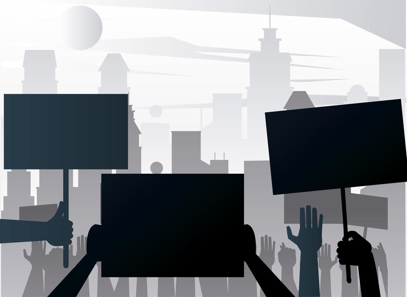 mensenhanden protesteren tegen het opheffen van banners silhouetten op de stad vector