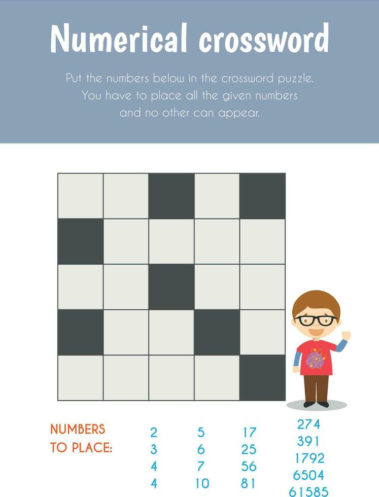 numeriek kruiswoordraadsel leerzaam vel. primair module voor logica redenering. 5-6 jaren oud. leerzaam lakens serie vector