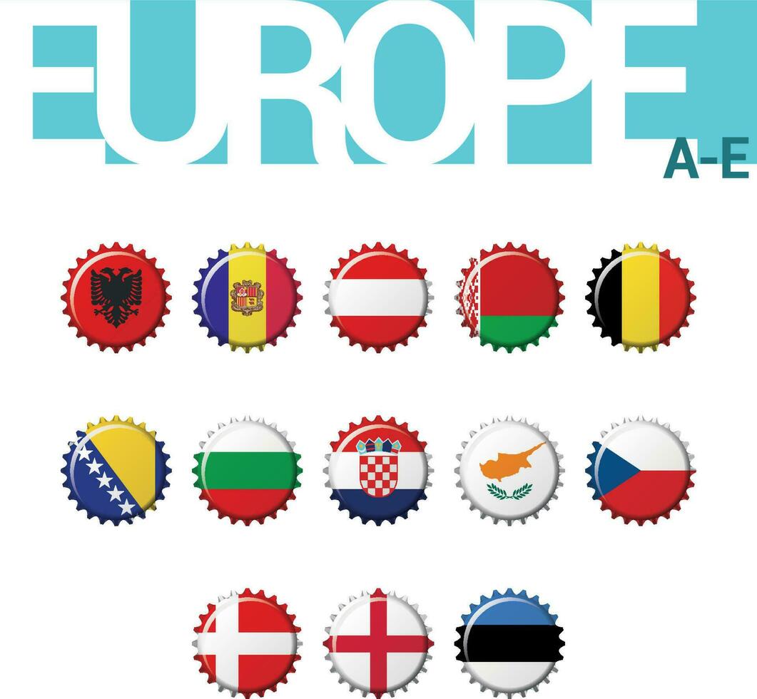 reeks van 13 flesdop vlaggen van Europa. reeks 1 van 4. vector illustratie. albanië, Andorra, Oostenrijk, Wit-Rusland, belgië, Bosnië herzegovina, bulgarije, Kroatië, Cyprus, Tsjechisch vertegenwoordiger, Denemarken, Engeland, Estland.