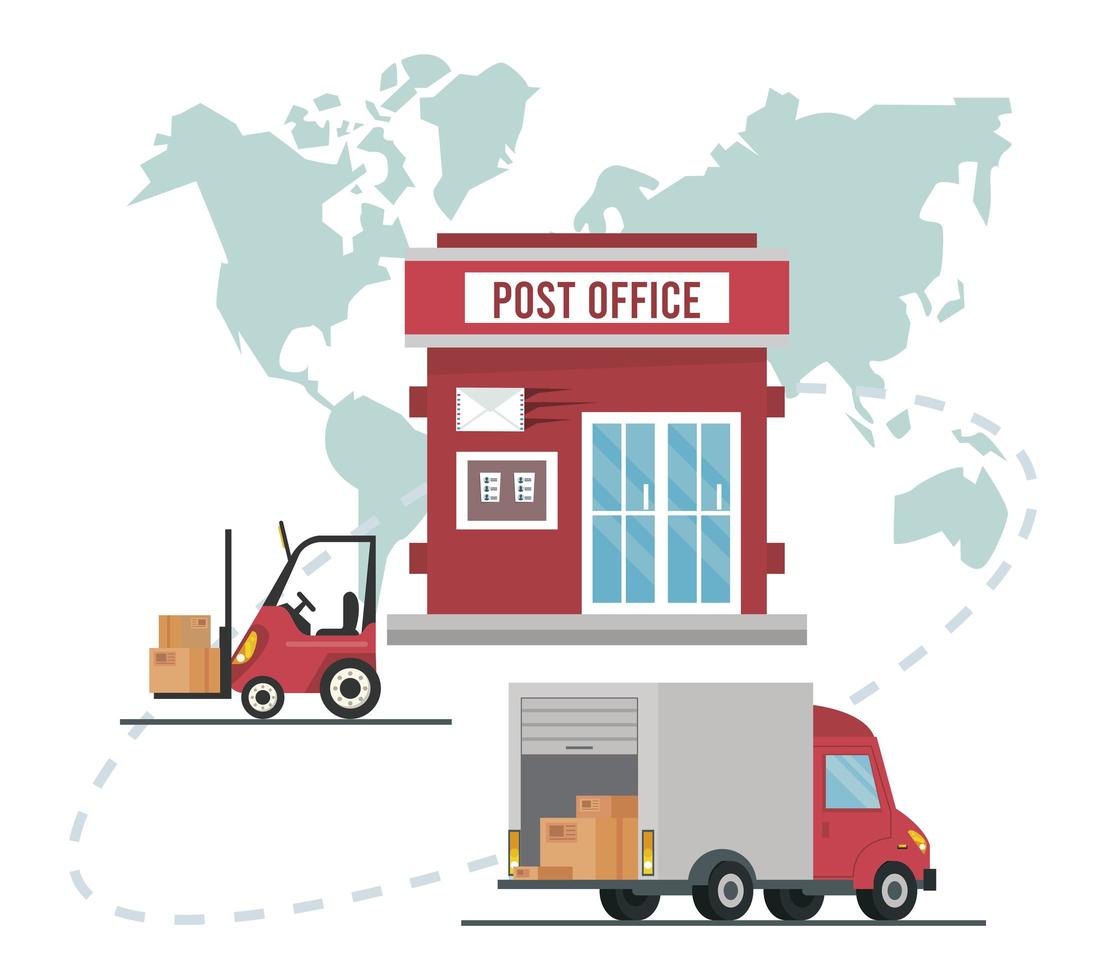 postkantoor gevel met vrachtwagen en heftruck vector