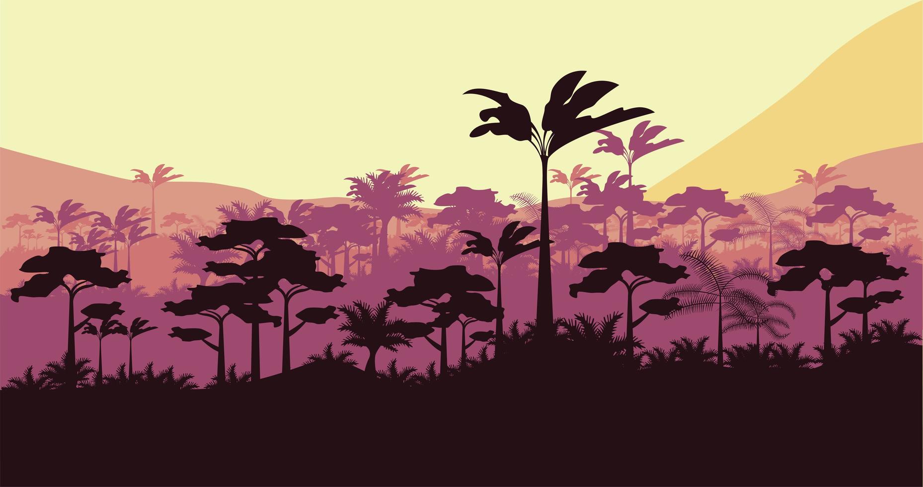 jungle wilde natuur zonsondergang landschapsscène vector