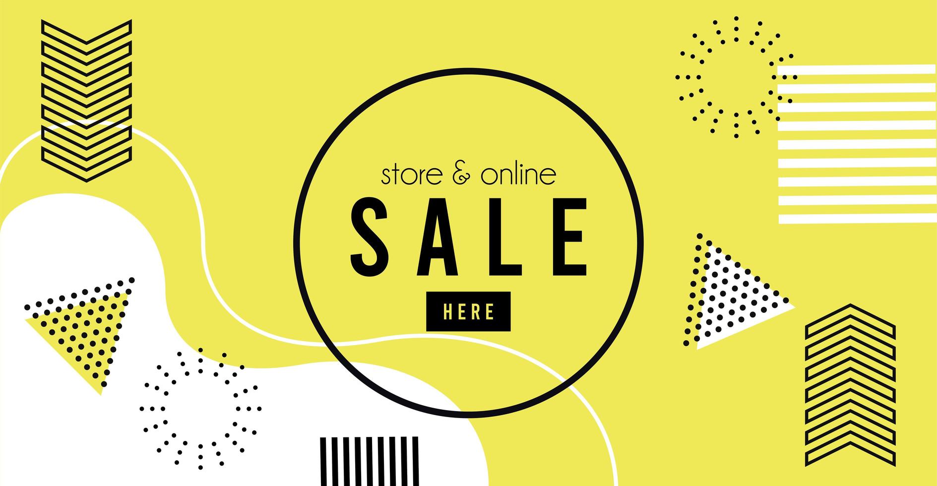 winkel online verkoop belettering op gele memphis achtergrond vector