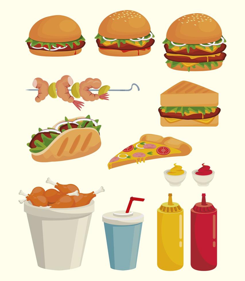 bundel van heerlijke fastfoodpictogrammen vector