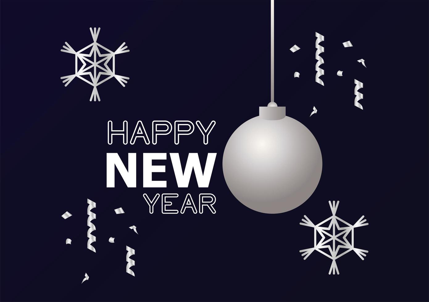 gelukkig nieuwjaarskaart met zilveren bal en sneeuwvlokken vector