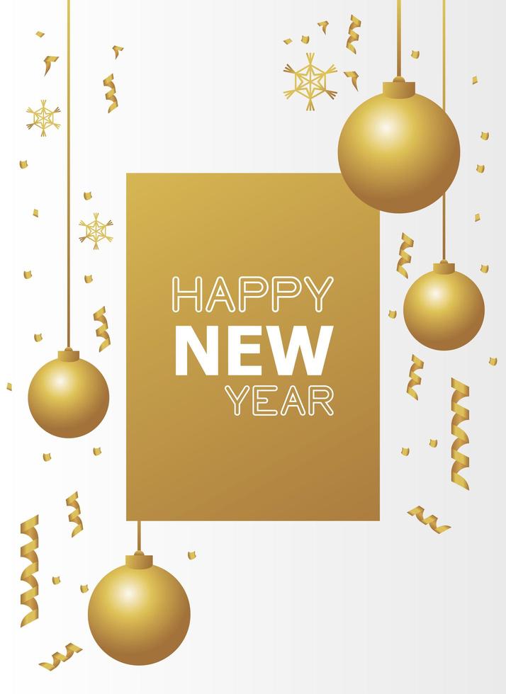gelukkig nieuwjaarskaart met gouden ballen en confetti in vierkant frame vector
