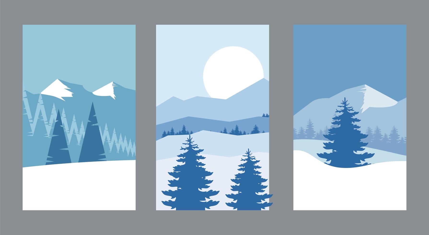 schoonheid winter drie landschappen scènes vector