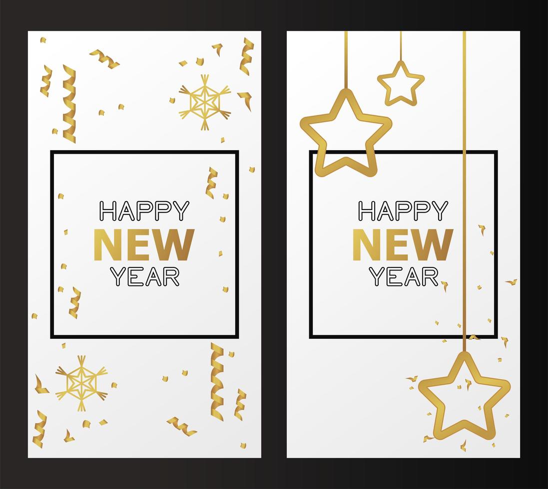 gelukkig nieuwjaarskaarten met hangende gouden sterren en confetti vector