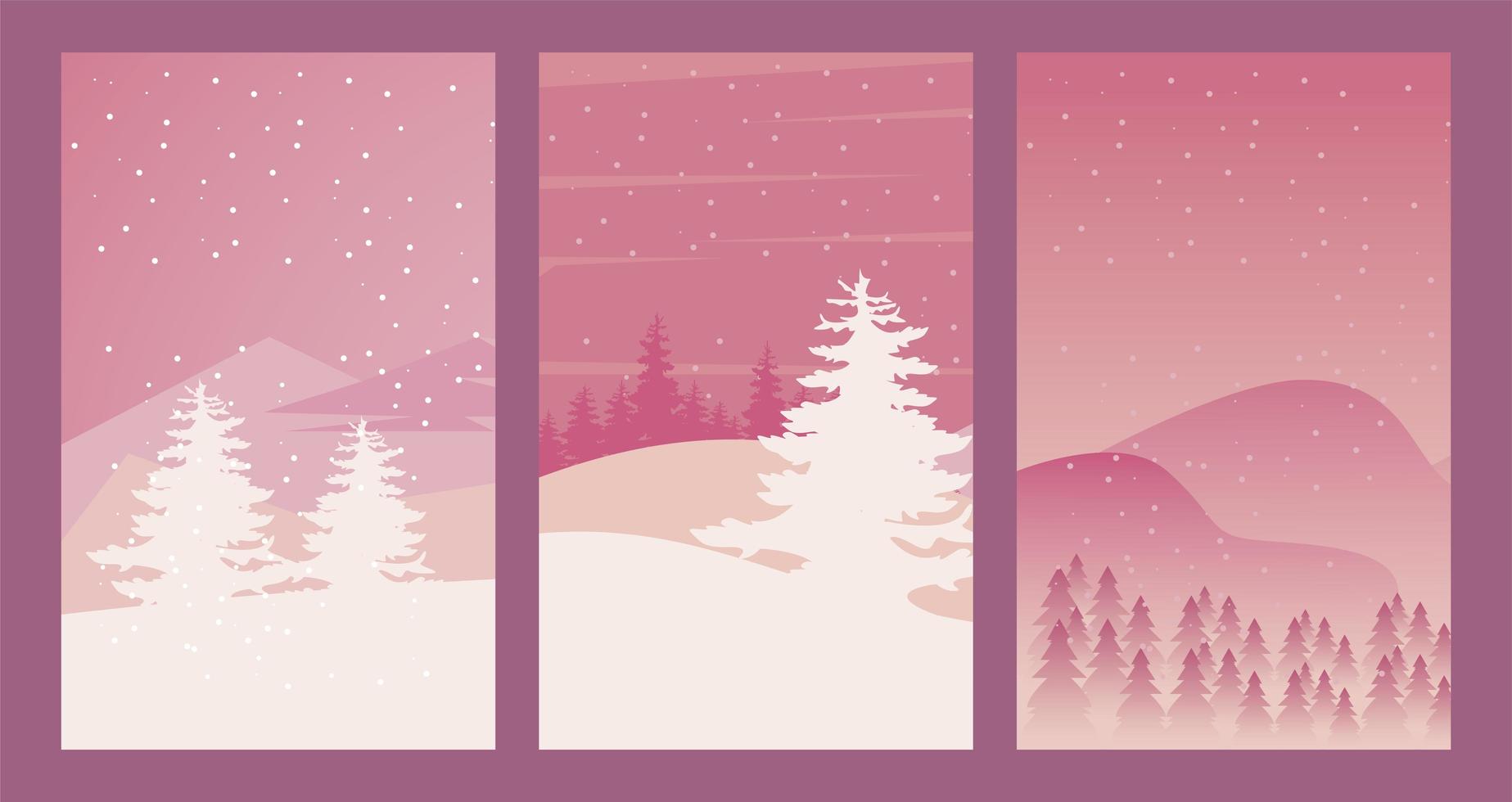 schoonheid drie roze scènes van winterlandschappen vector