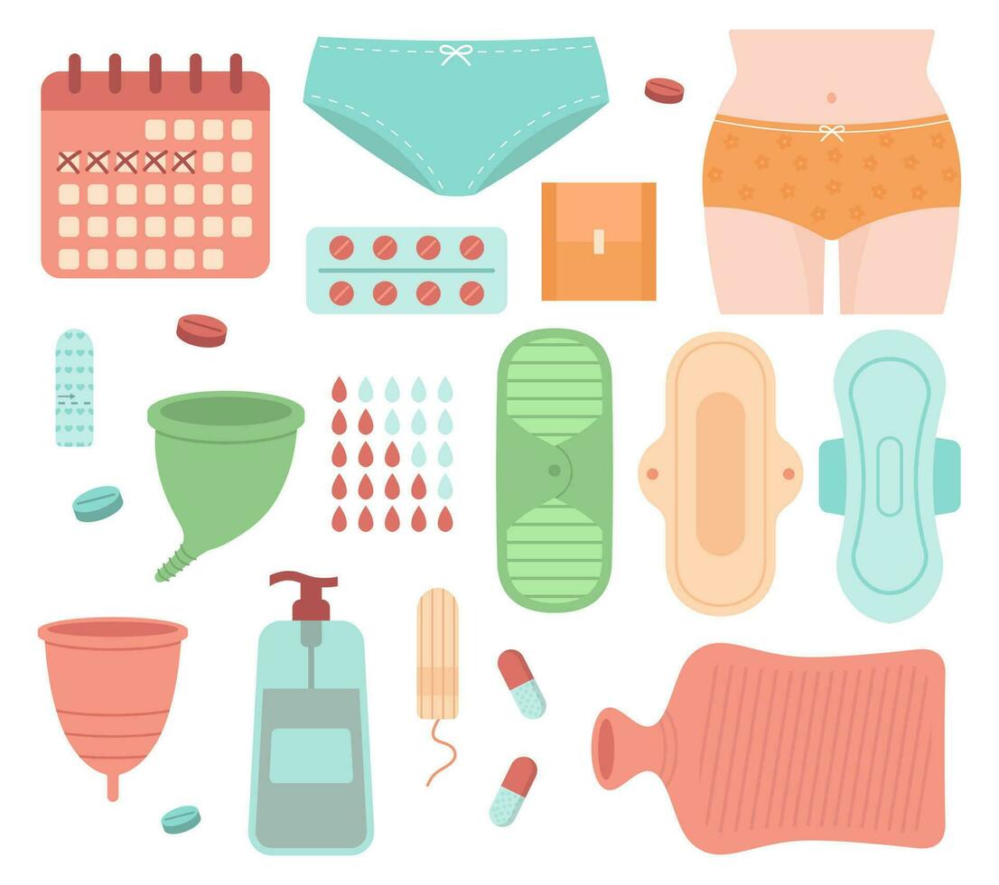 menstruatie- periode set. kussentjes, menstruatie- beker, ondergoed. vector concept illustratie in vlak stijl