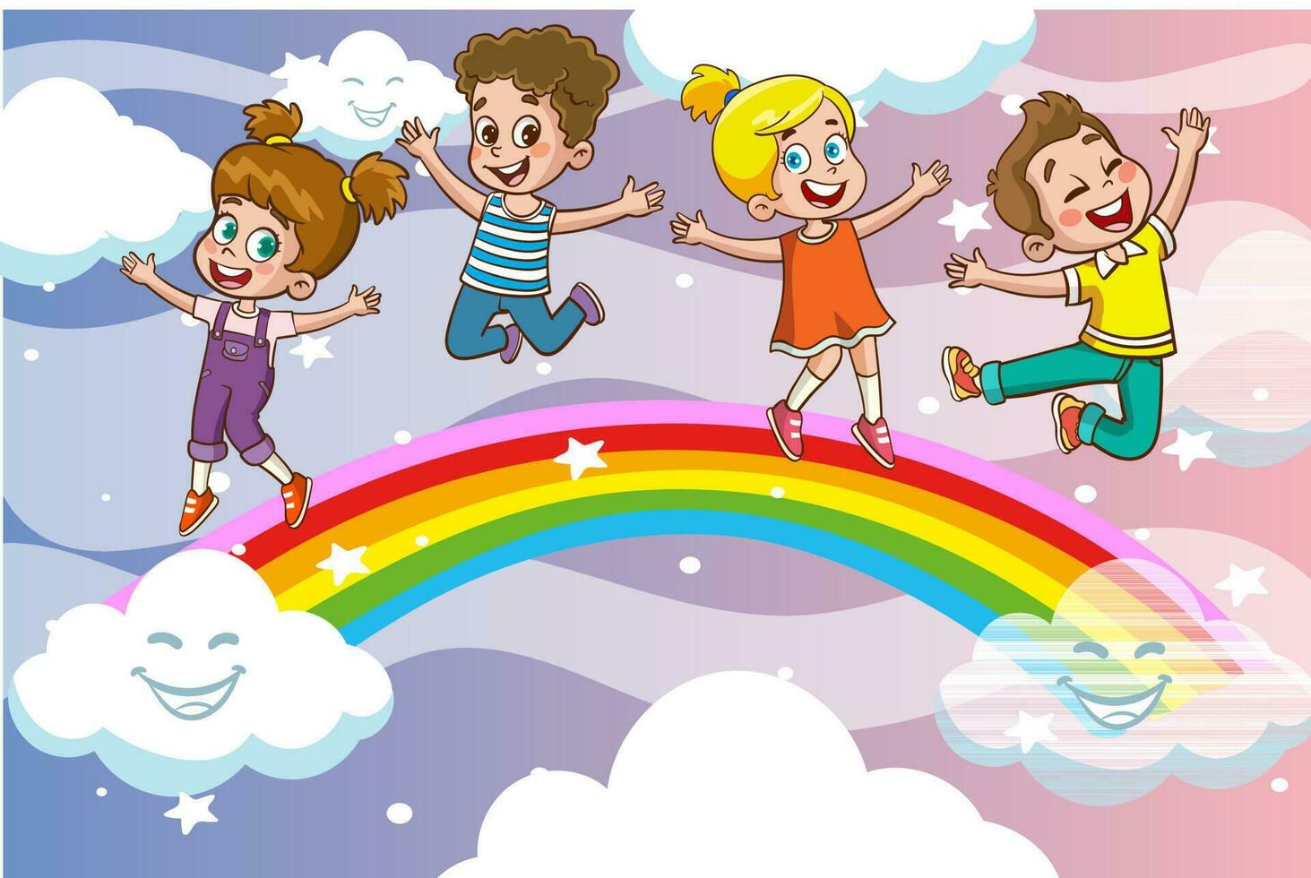 kinderen en regenboog. vector illustratie. geïsoleerd Aan wit achtergrond