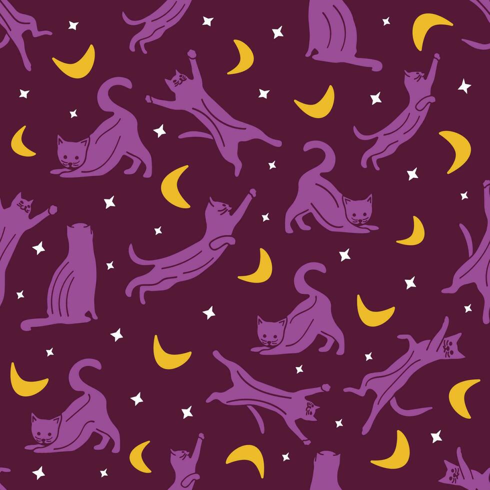 naadloos patroon met katten in de nacht lucht. vector