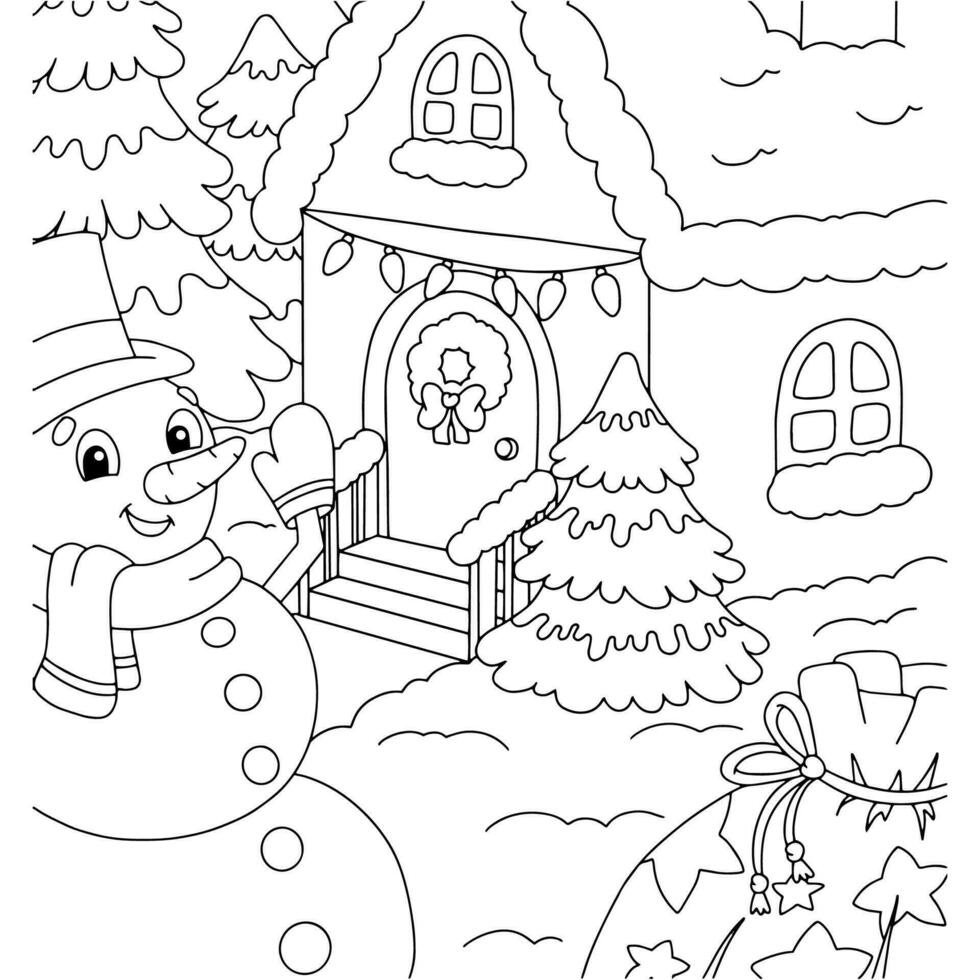 een schattige sneeuwpop staat bij het kersthuis. kleurboekpagina voor kinderen. stripfiguur in stijl. vectorillustratie geïsoleerd op een witte achtergrond. vector