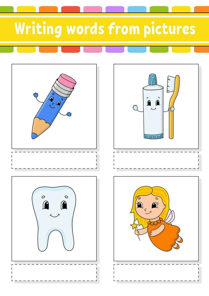 woorden van foto's schrijven. onderwijs ontwikkelen werkblad. activiteitenpagina voor kinderen. puzzel voor kinderen. geïsoleerde vectorillustratie. stripfiguren. vector