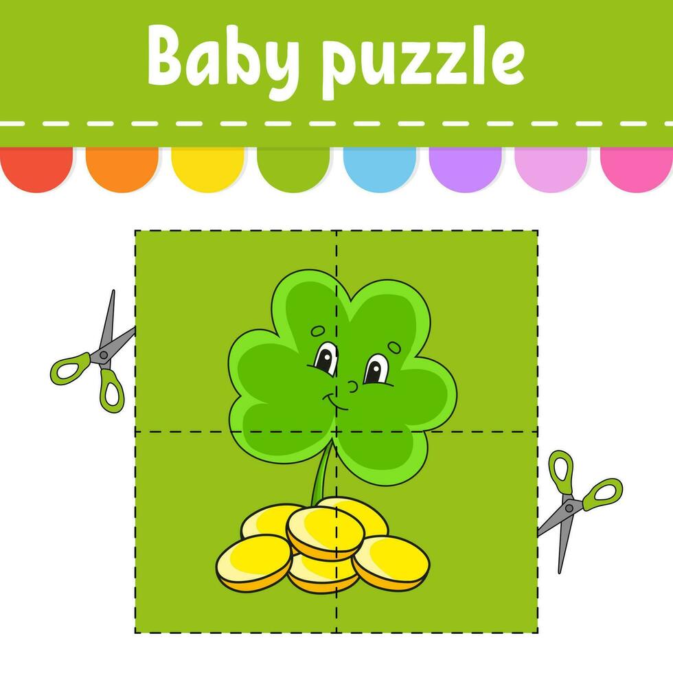 baby puzzel. gemakkelijk niveau. flash kaarten. besnoeiing en Speel. kleur werkzaamheid werkblad. spel voor kinderen. tekenfilm karakter. vector illustratie.