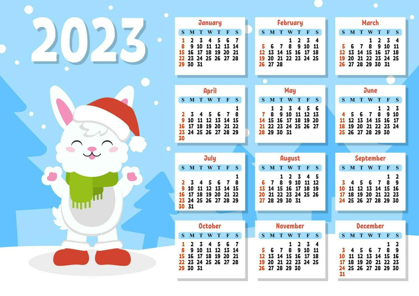 kleur kalender voor 2023 met een schattig karakter konijn. week begint Aan zondag. pret en helder ontwerp. tekenfilm stijl. vector illustratie.