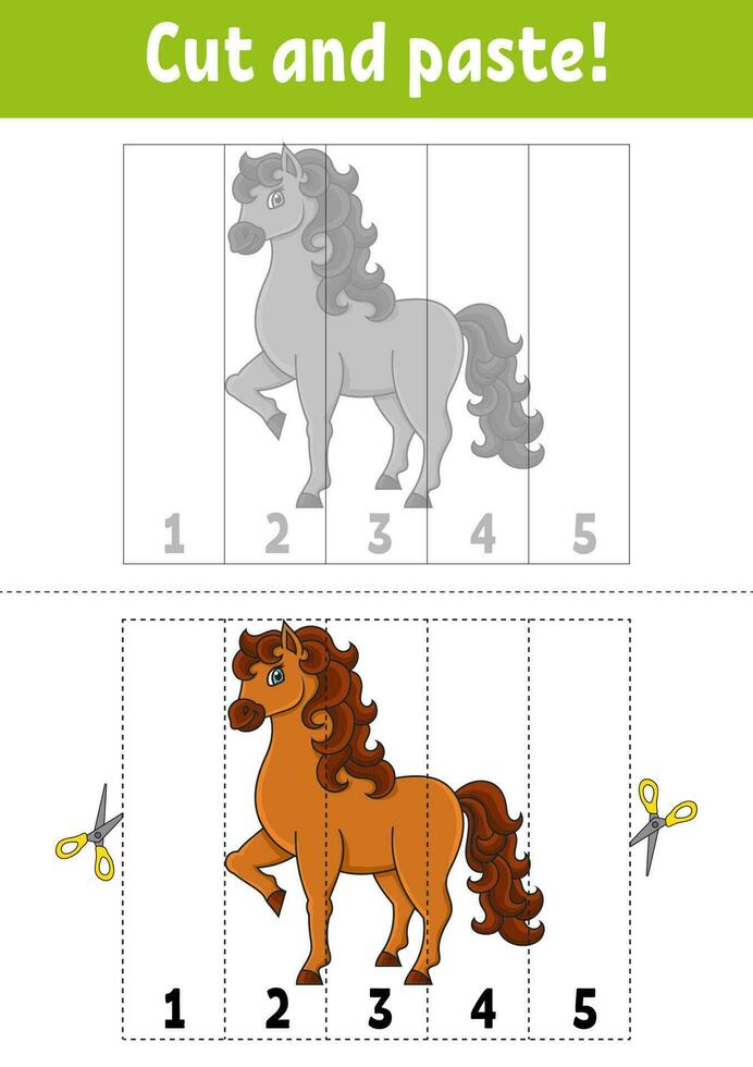 aan het leren getallen 1-5. schattig paard. boerderij dier. besnoeiing en lijm. wasbeer karakter. onderwijs ontwikkelen werkblad. spel voor kinderen. werkzaamheid bladzijde. kleur geïsoleerd vector illustratie.