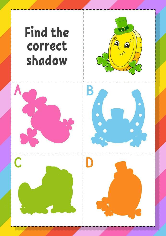 zoek de juiste schaduw. onderwijs ontwikkelen werkblad voor kinderen. puzzel spel. activiteiten pagina. stripfiguur. vectorillustratie. st. Patrick's dag. vector