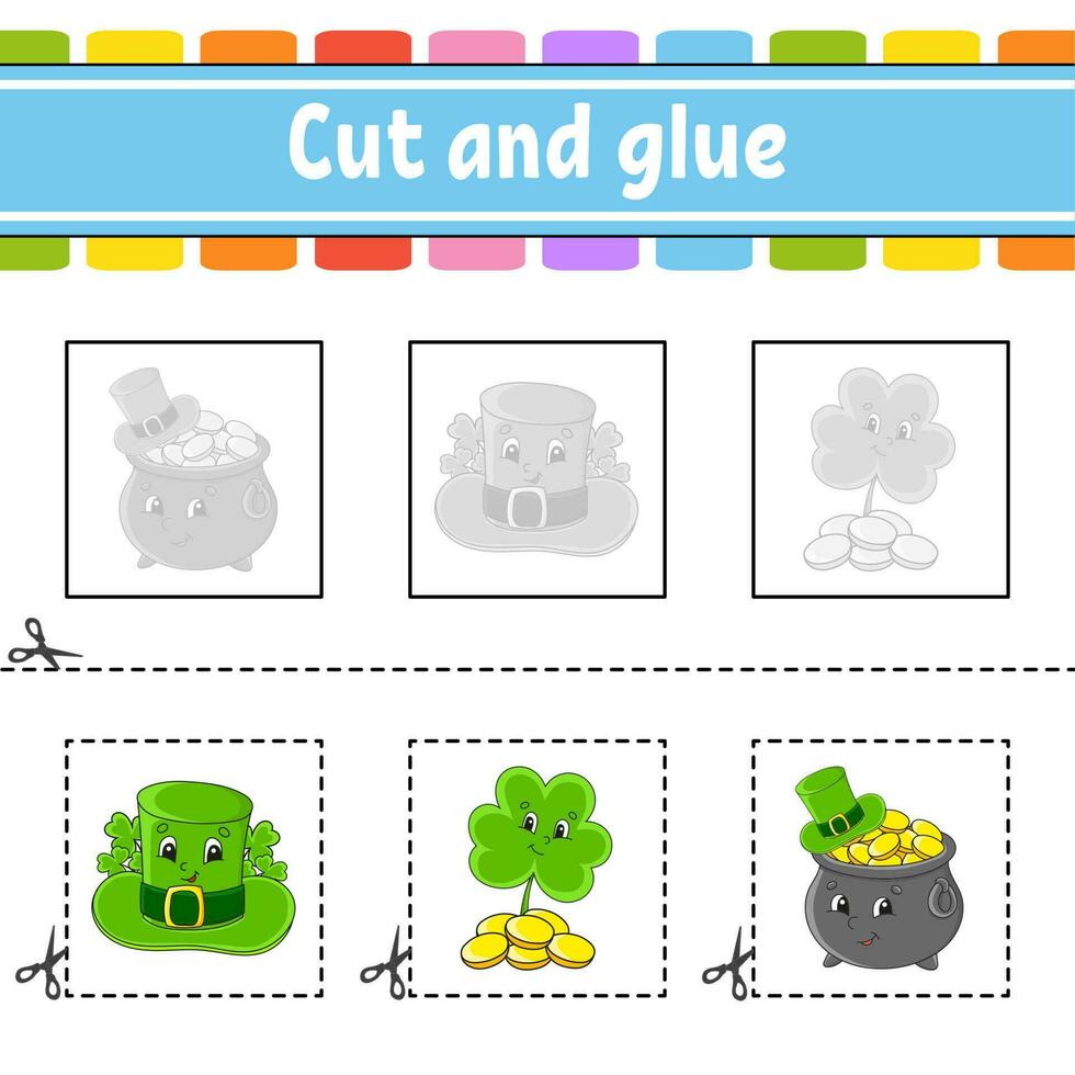 knip en lijm. spel voor kinderen. onderwijs ontwikkelen werkblad. kleur activiteitenpagina. stripfiguur. st. Patrick's dag. vector