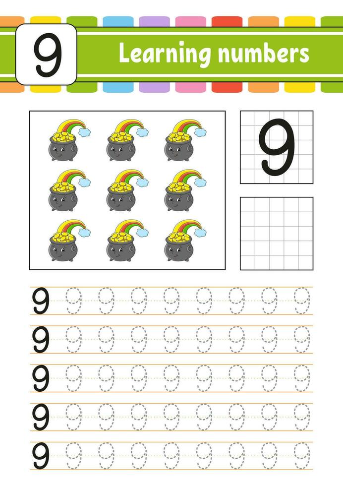 spoor en schrijven nummers. handschrift oefening. aan het leren getallen voor kinderen. onderwijs ontwikkelen werkblad. werkzaamheid bladzijde. vector illustratie.