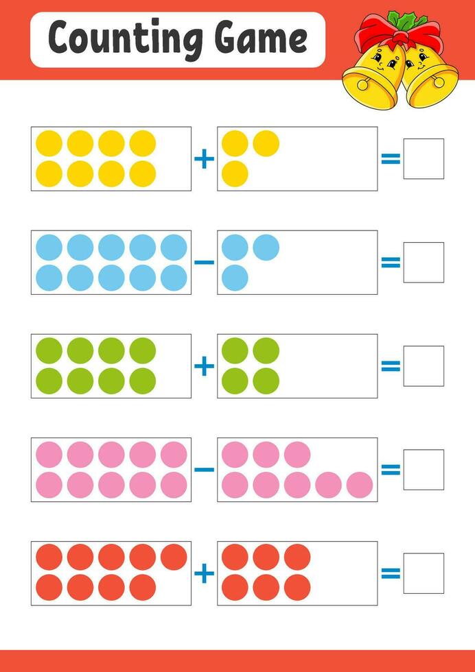 toevoeging en aftrekken. taak voor kinderen. onderwijs ontwikkelen werkblad. werkzaamheid kleur bladzijde. spel voor kinderen. vector