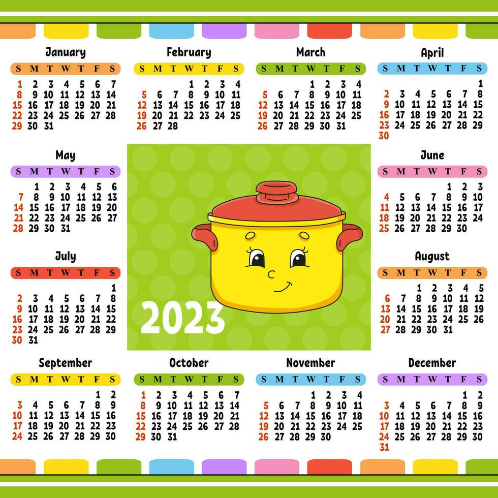 kalender voor 2023 met een schattig karakter. leuk en helder ontwerp. geïsoleerde kleur vectorillustratie. cartoon-stijl. vector
