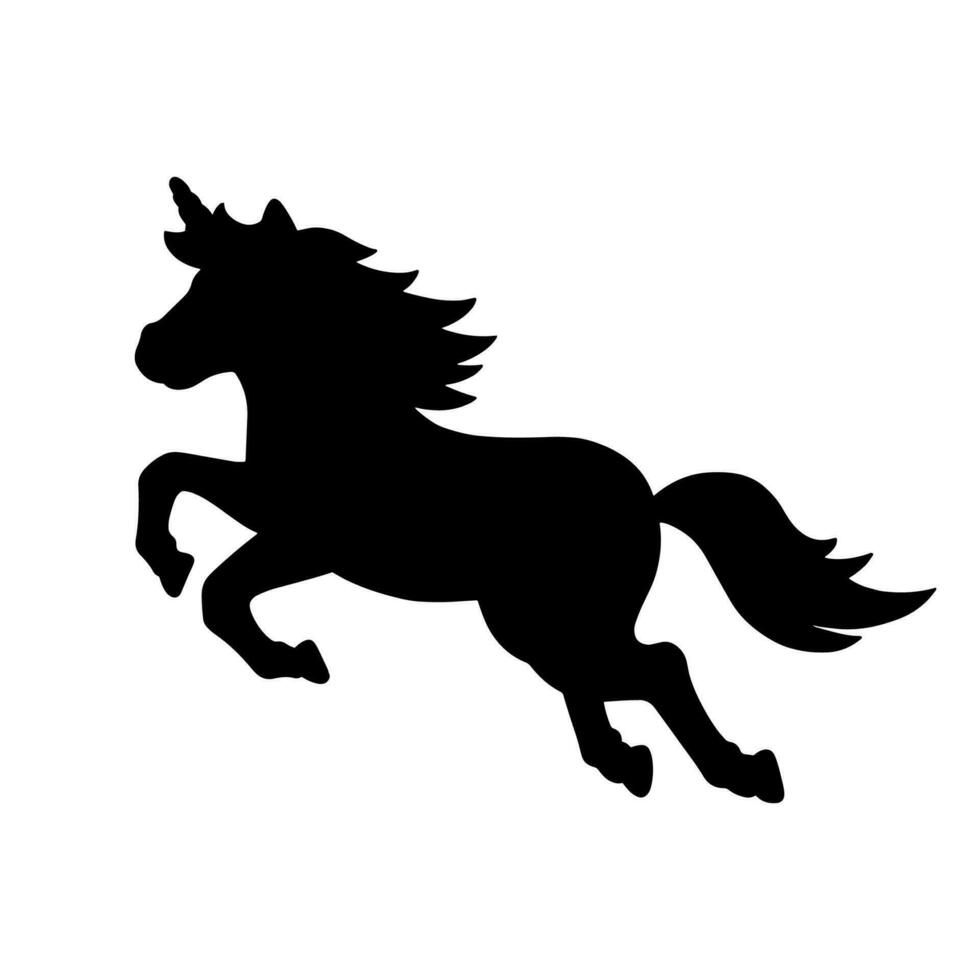 magische eenhoorn. sprookjes paard. zwart silhouet. ontwerpelement. vectorillustratie geïsoleerd op een witte achtergrond. sjabloon voor boeken, stickers, posters, kaarten, kleding. vector