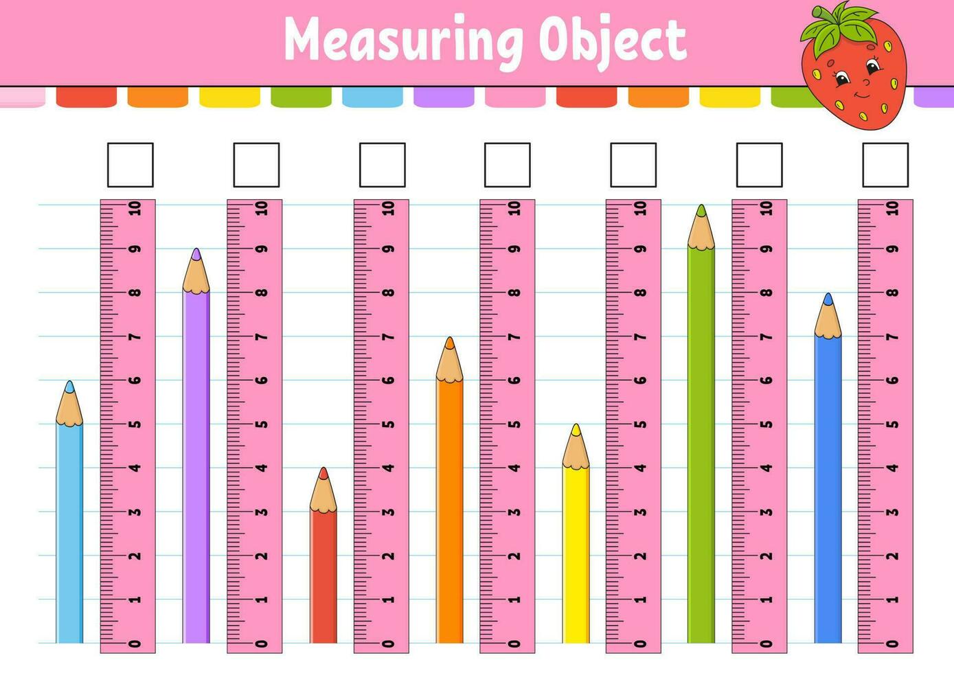 lengte meten in centimeter met liniaal. onderwijs ontwikkelen werkblad. spel voor kinderen. kleur activiteitenpagina. puzzel voor kinderen. schattig karakter. vectorillustratie. cartoon-stijl. vector