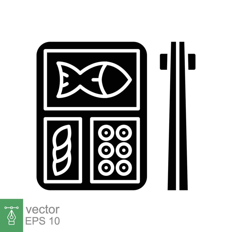 bento icoon. gemakkelijk solide stijl. Japans lunchbox, eetstokjes, vis, Japan restaurant, Aziatisch voedsel concept. zwart silhouet, glyph symbool. vector illustratie geïsoleerd Aan wit achtergrond. eps 10.