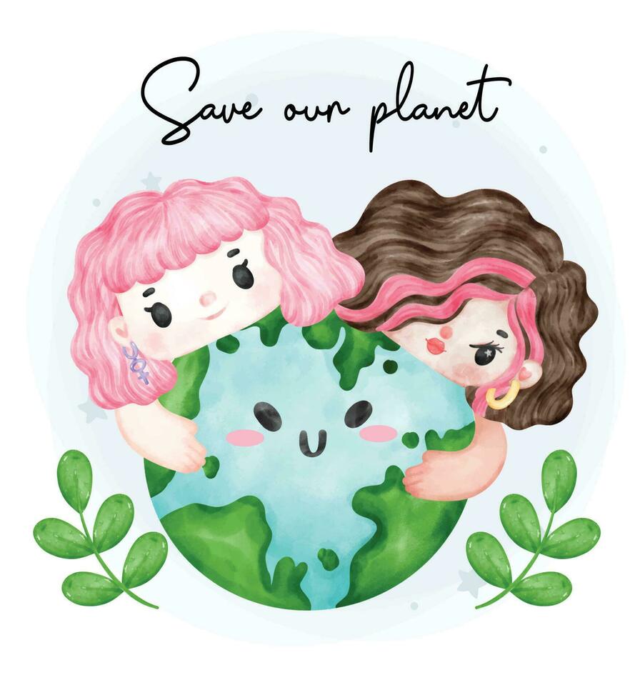 eco vriendelijk opslaan uit planeet, twee jong meisje knuffel groen planeet waterverf schilderij vector