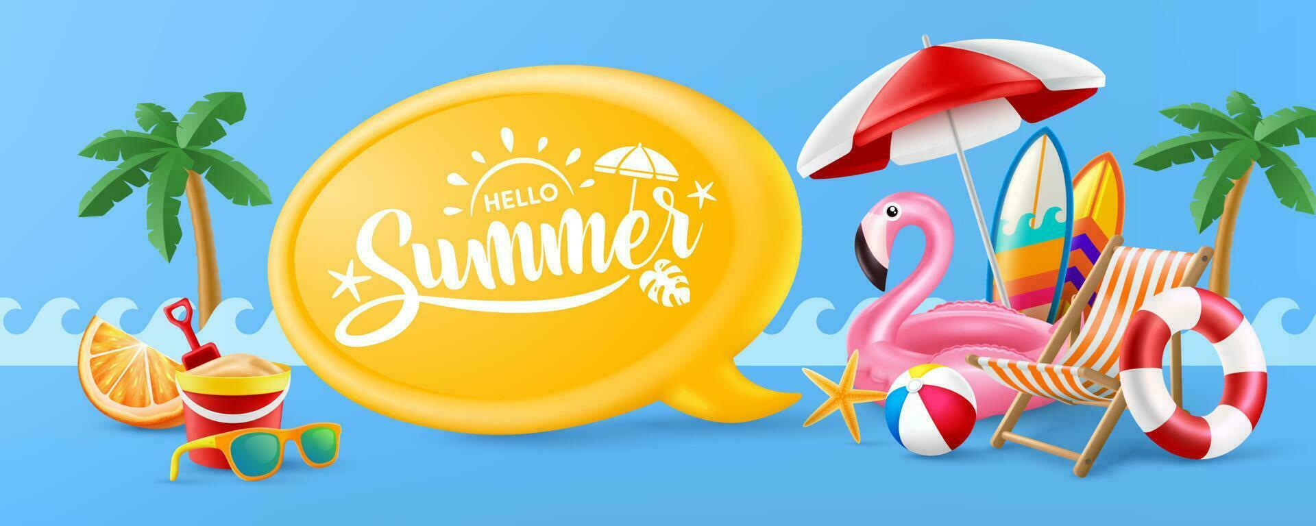 Hallo zomer poster of banier sjabloon met roze flamingo zwembad vlot, strand stoelen, strand paraplu, surfplanken en zomer element Aan blauw achtergrond. Promotie en boodschappen doen sjabloon voor zomer vector