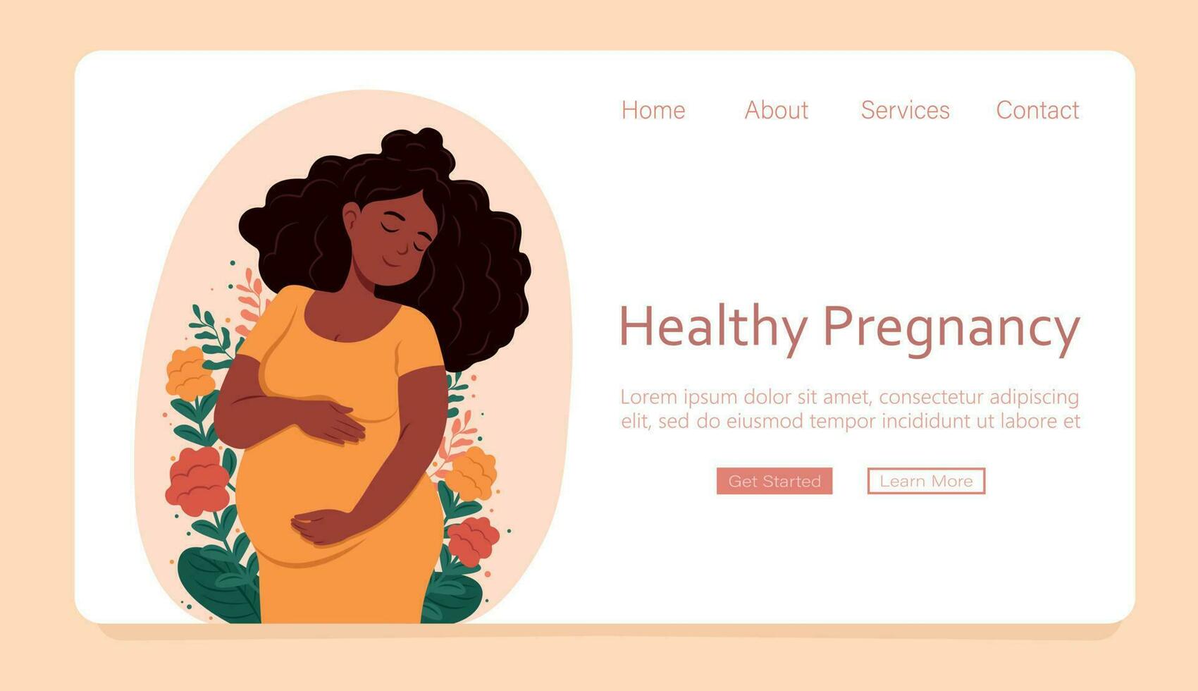 web bladzijde sjabloon concept van zwangerschap en moederschap. gezond zwangerschap spandoek. mooi zwanger zwart vrouw knuffels haar buik. vector illustratie in schattig tekenfilm stijl.
