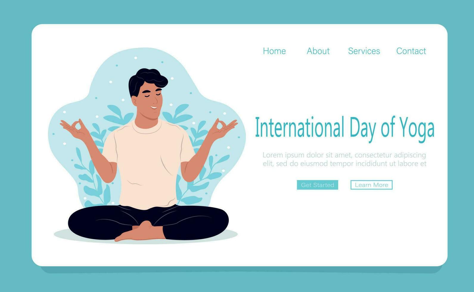 Internationale dag van yoga banier . Mens met Gesloten ogen mediteren in yoga lotus houding. web bladzijde sjabloon. vlak vector illustratie