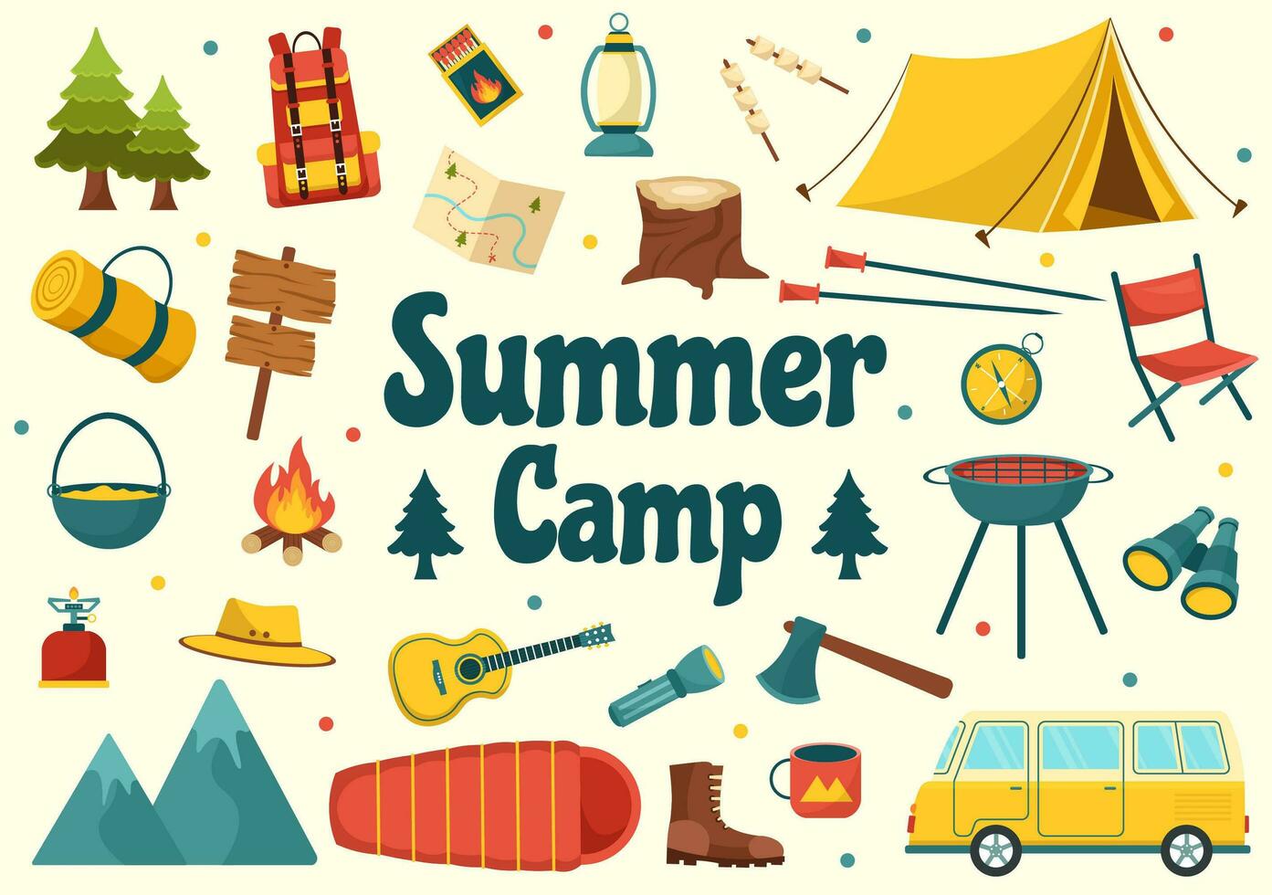 zomer kamp vector illustratie van camping en op reis Aan vakantie met uitrusting zo net zo tent, rugzak en anderen in vlak tekenfilm Sjablonen