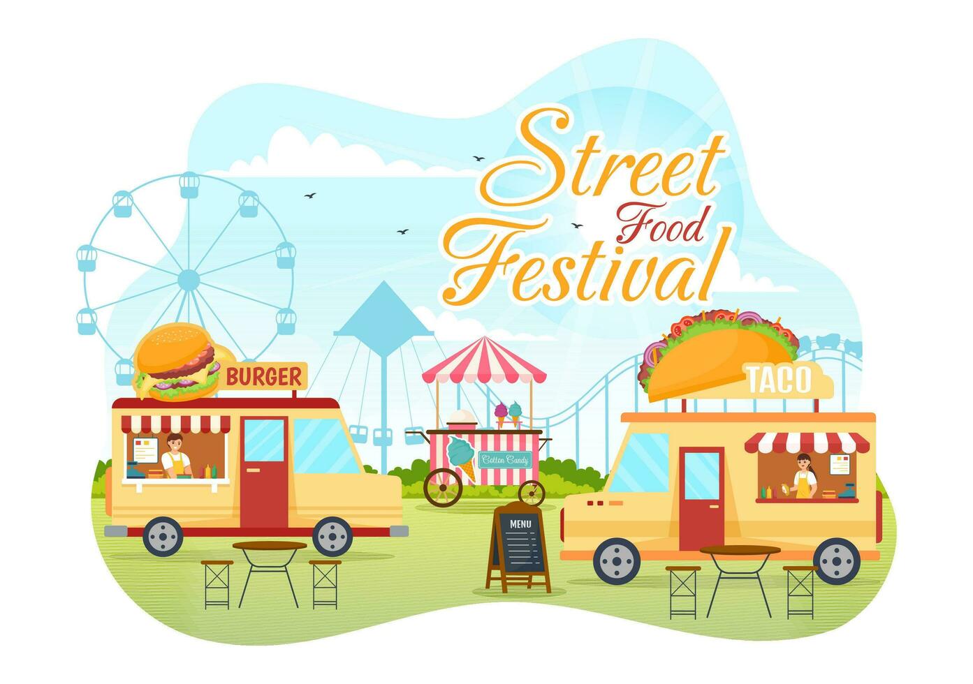 straat voedsel festival evenement vector illustratie met mensen en voedingsmiddelen vrachtwagens in zomer buitenshuis stad park in vlak tekenfilm hand- getrokken Sjablonen