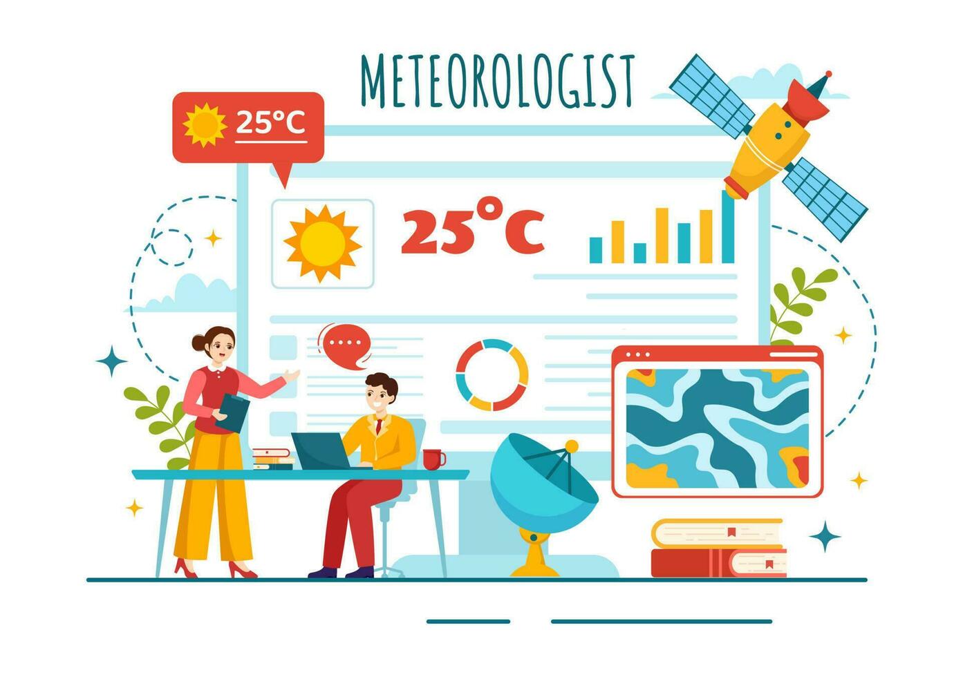 meteoroloog vector illustratie met weer voorspelling en sfeervol neerslag kaart in vlak tekenfilm hand- getrokken landen bladzijde Sjablonen