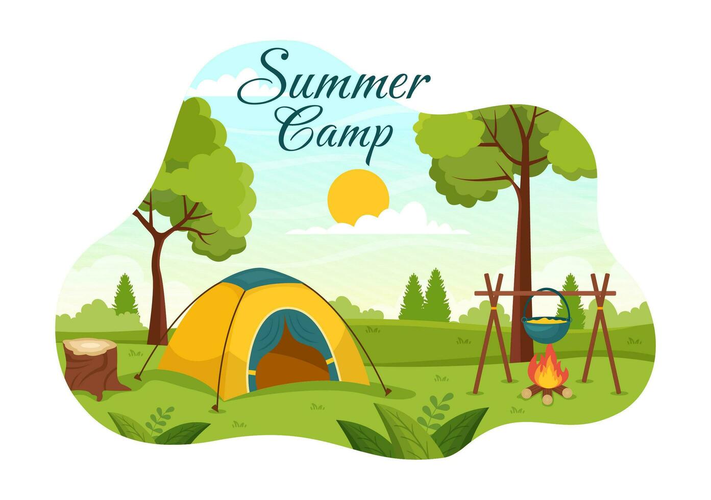 zomer kamp vector illustratie van camping en op reis Aan vakantie met uitrusting zo net zo tent, rugzak en anderen in vlak tekenfilm Sjablonen