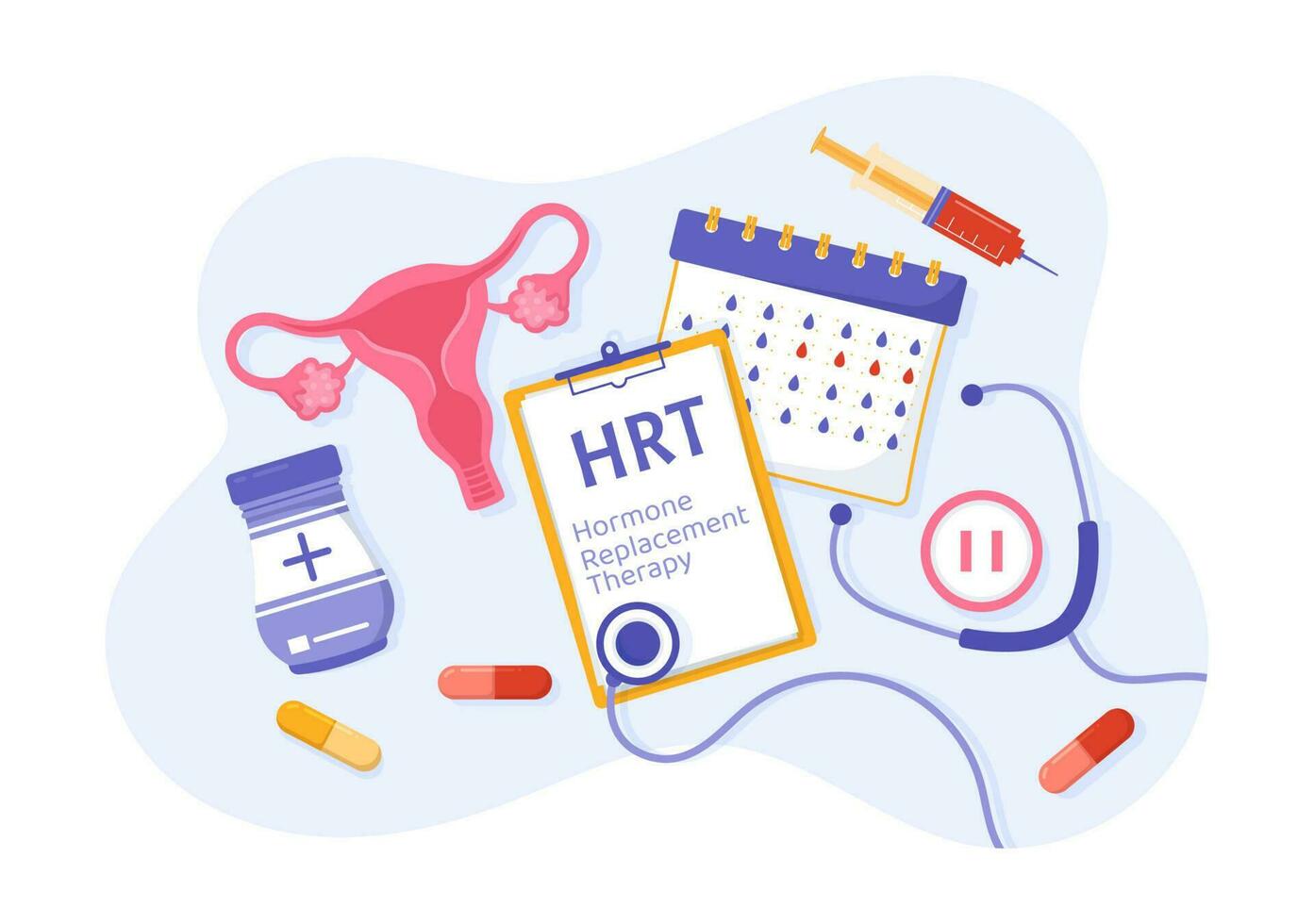 hrt of hormoon vervanging behandeling acroniem vector illustratie met behandeling en hormoon geneesmiddel in gezondheidszorg tekenfilm hand- getrokken Sjablonen