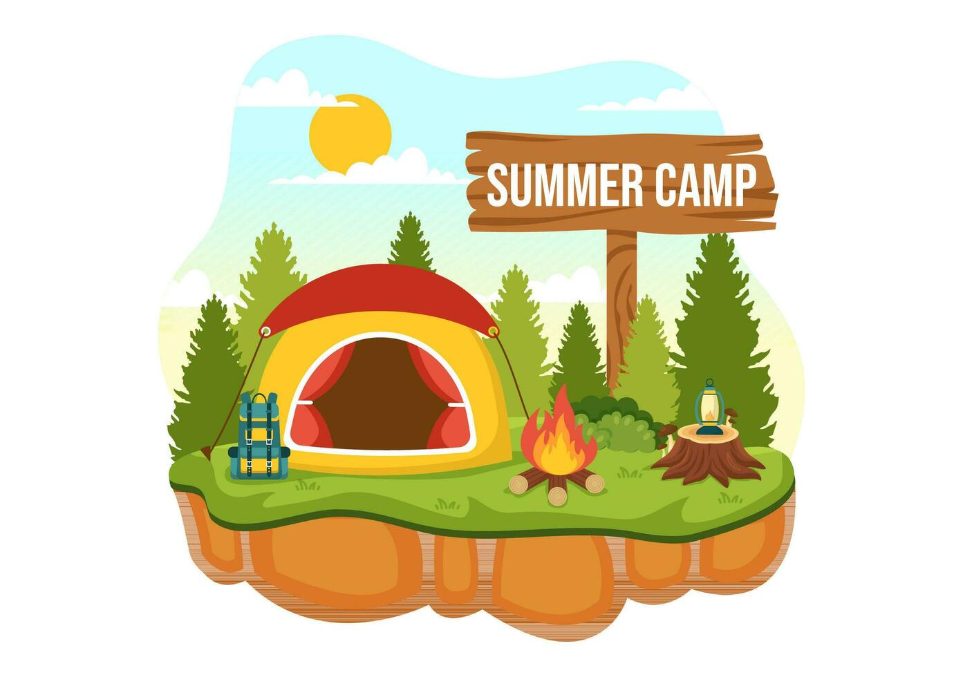 zomer kamp vector illustratie van camping en op reis Aan vakantie met uitrusting zo net zo tent, rugzak en anderen in vlak tekenfilm Sjablonen