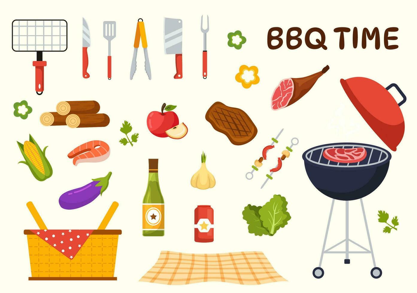 barbecue en rooster reeks vector illustratie mensen grillen of bbq partij voedsel Bij park in festival en zomer Koken tekenfilm hand- getrokken Sjablonen