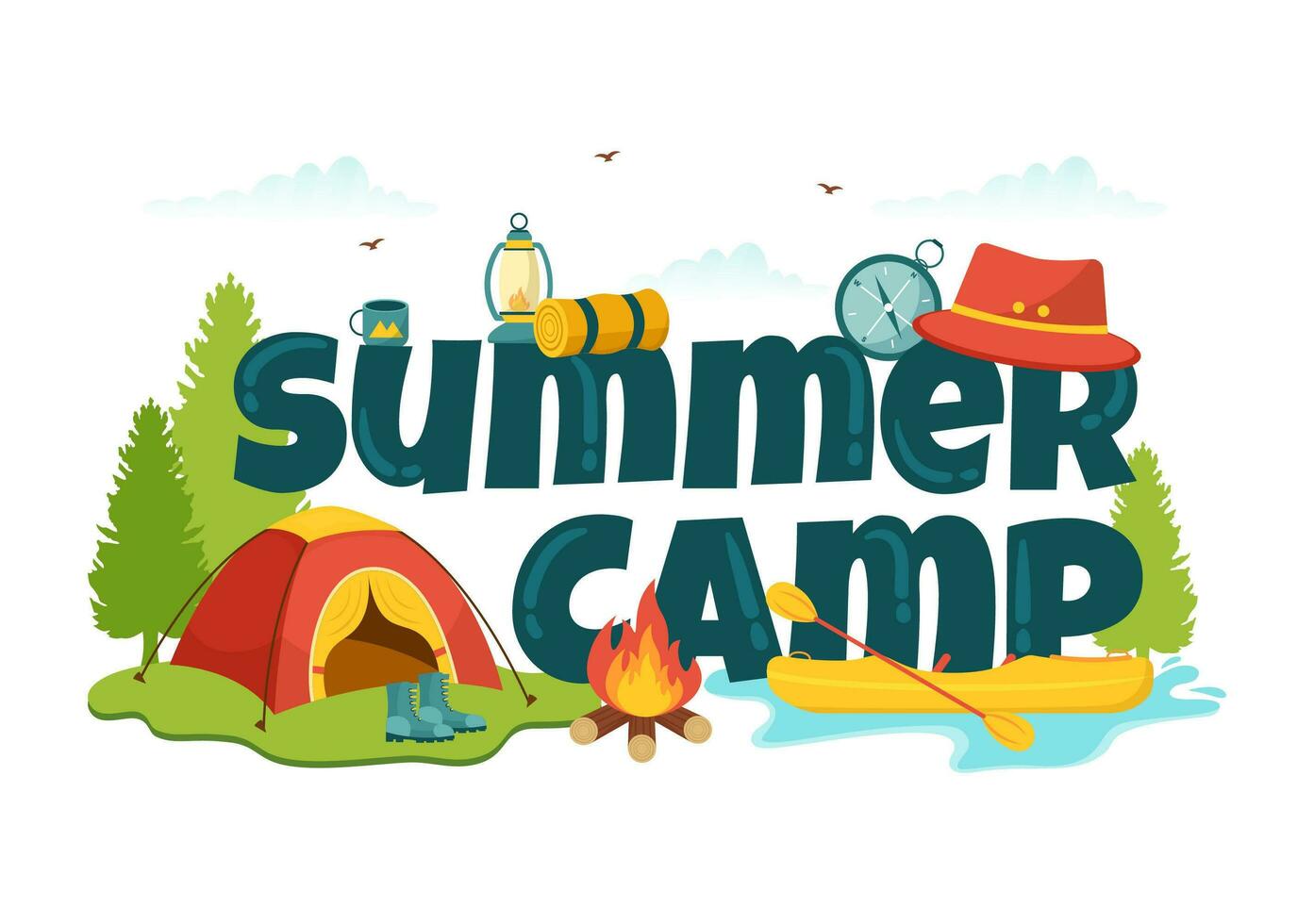 zomer kamp vector illustratie van camping en op reis Aan vakantie met uitrusting zo net zo tent, rugzak en anderen in vlak tekenfilm Sjablonen
