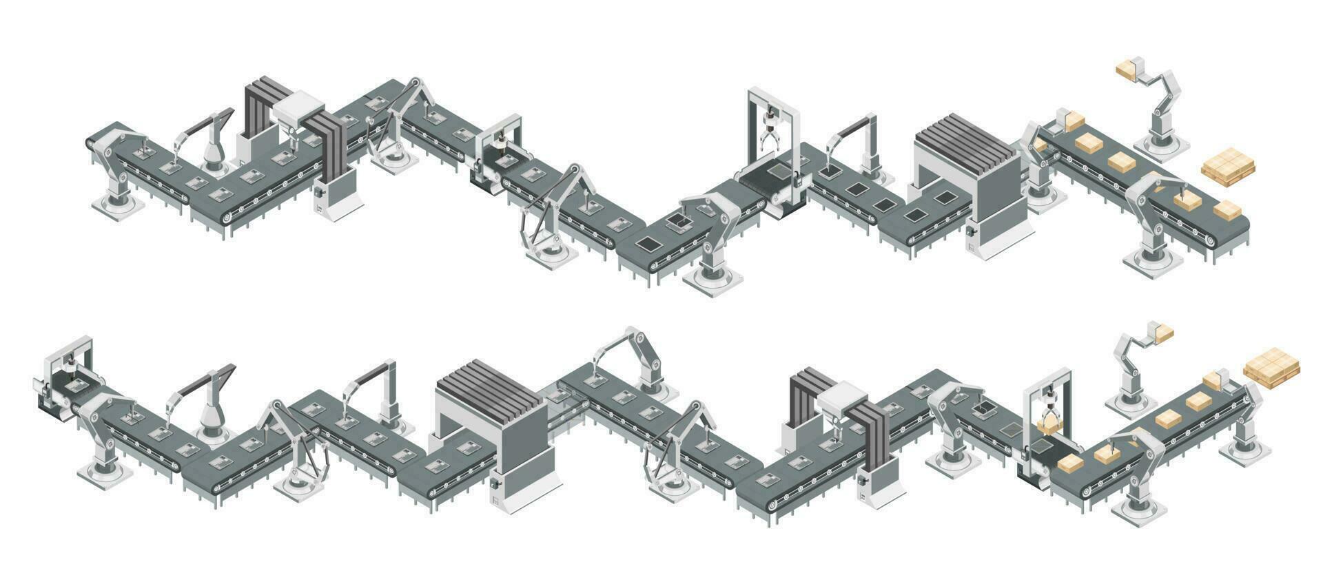 robot bijeenkomst lijn met transportband riem in een geautomatiseerd fabriek. isometrische vector illustratie.