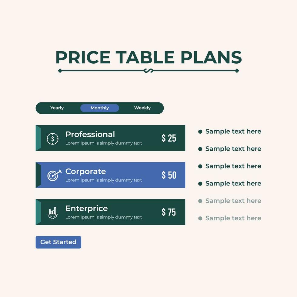 prijs tafel koppel of prijs tabel sjabloon voor website of app ui ontwerp vector