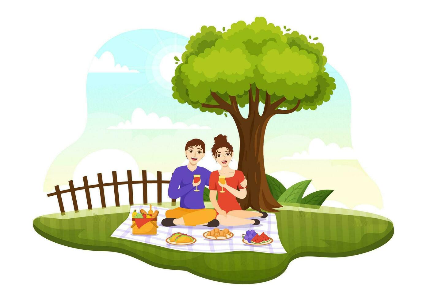 picknick buitenshuis vector illustratie van mensen zittend Aan een groen gras in natuur Aan zomer vakantie vakanties in vlak tekenfilm hand- getrokken Sjablonen