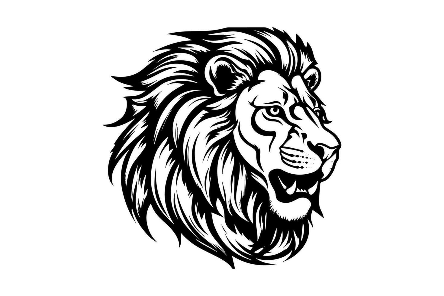 de leeuw hoofd hand- trek wijnoogst gravure zwart en wit vector illustratie Aan een wit achtergrond.