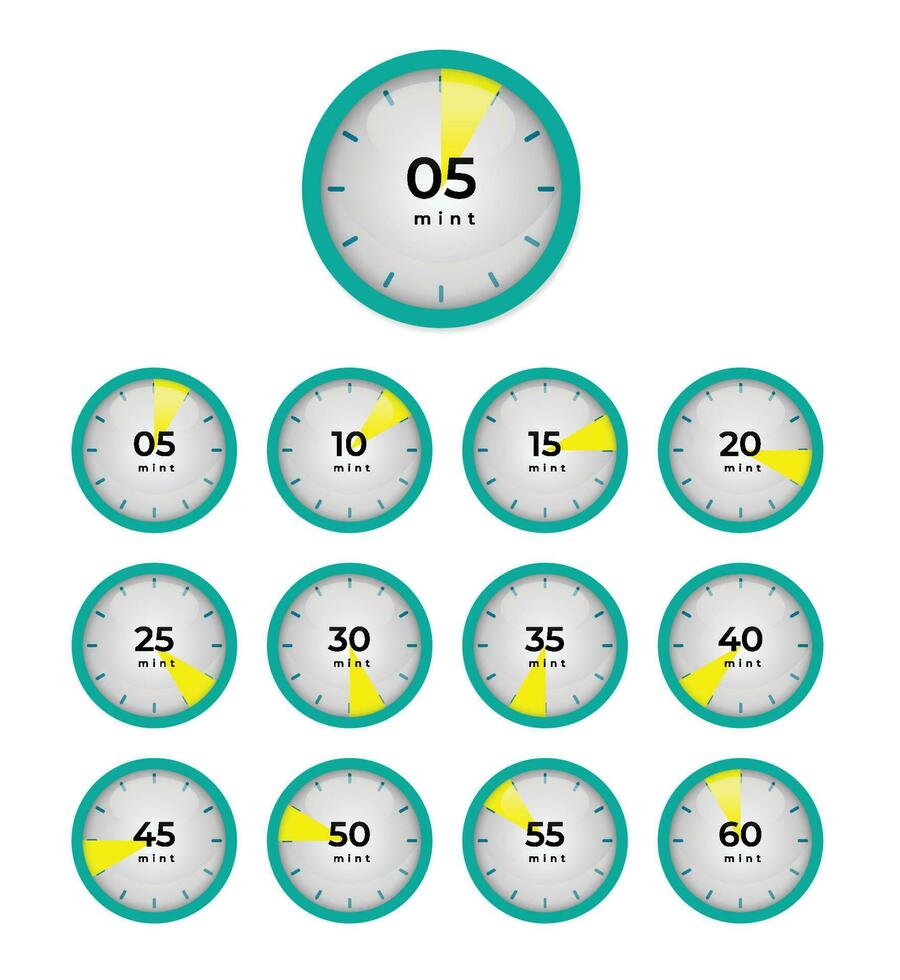 reeks van tekenfilm stijl fatsoenlijk timer klokken met vijf minuten kloof vector illustratie