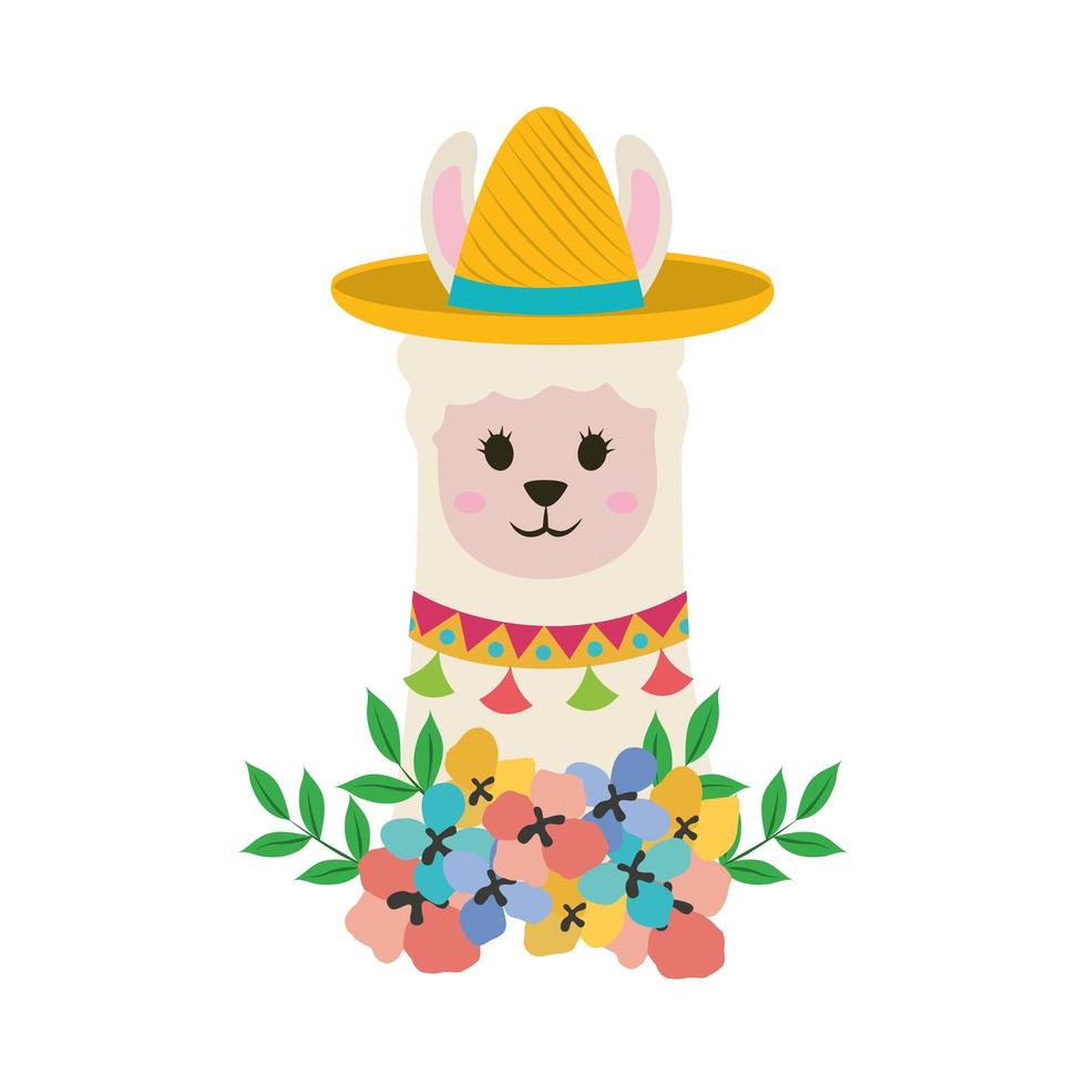 schattige lama bloemen vector